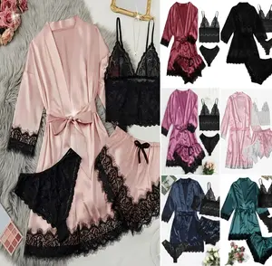 Kedomiu Women's 4-Piece Satin Pajamas Set, Floral Lace Lingerie Sleepwear with Long Robe Nightgown