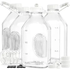 4 Pack 2 Qt Glass Milk Bottles with Handle and Airtight Reusable Screw Lids, 1/2 Gal Glass Water & Juice Bottles, 64 Oz Milk Jug Pitcher w Scale