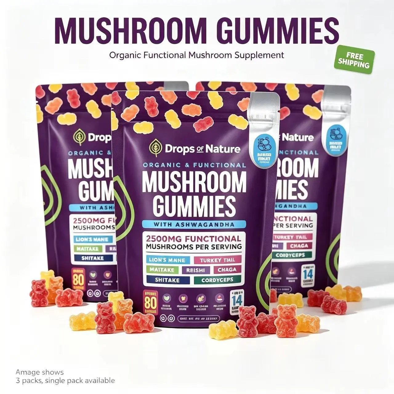 【3 pack】Mushroom Gummies Featuring Lion’s Mane, Organic Reishi, Turkey Tail, Boosts Energy and Stamina Sports, and Fitness 80 Gummies, All Natural Sleep Gummy Supplement