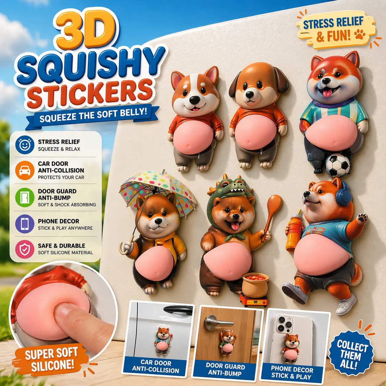 3D Soft Silicone Belly Squishy Dog Stickers - 6 Cute Designs, Peel & Stick, Stress Relief Fidget Toy, Car Vehicle Decoration, Kids Gift, DIY Scrapbooking Stamping Accessory, Universal Car Sticker