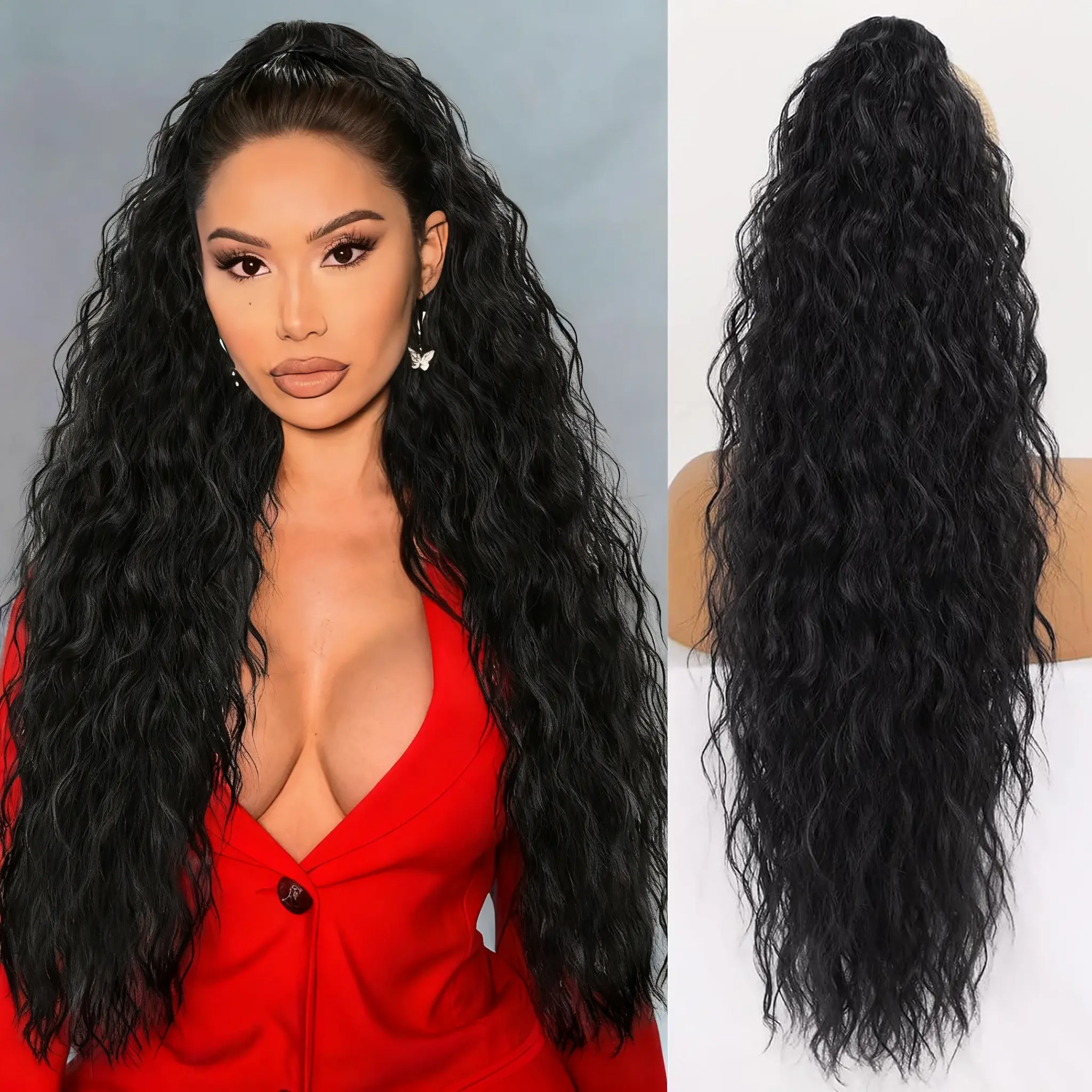 AILIKA 30 Inch Wavy Claw Clip Ponytail Extension | Two Ways Wear Drawstring Ponytail Upgrade Elastic Claw Secure Hold All Day Fluffy Synthetic Hairpiece for Women Daily Wear Natural Black