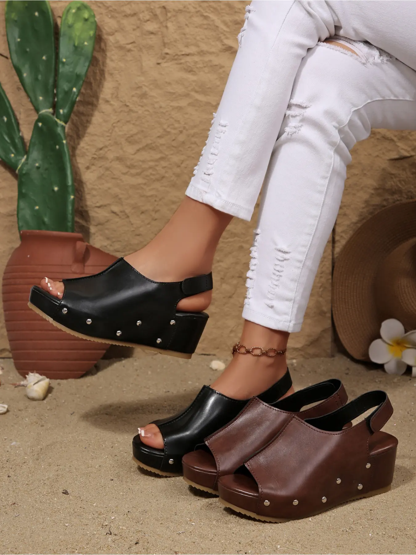 Trendy Studded Wedge Sandals for Women | Comfy Peep Toe Open Toe Platform Shoes | Casual Daily Wear Low Wedges Platform Elevated Sandals
