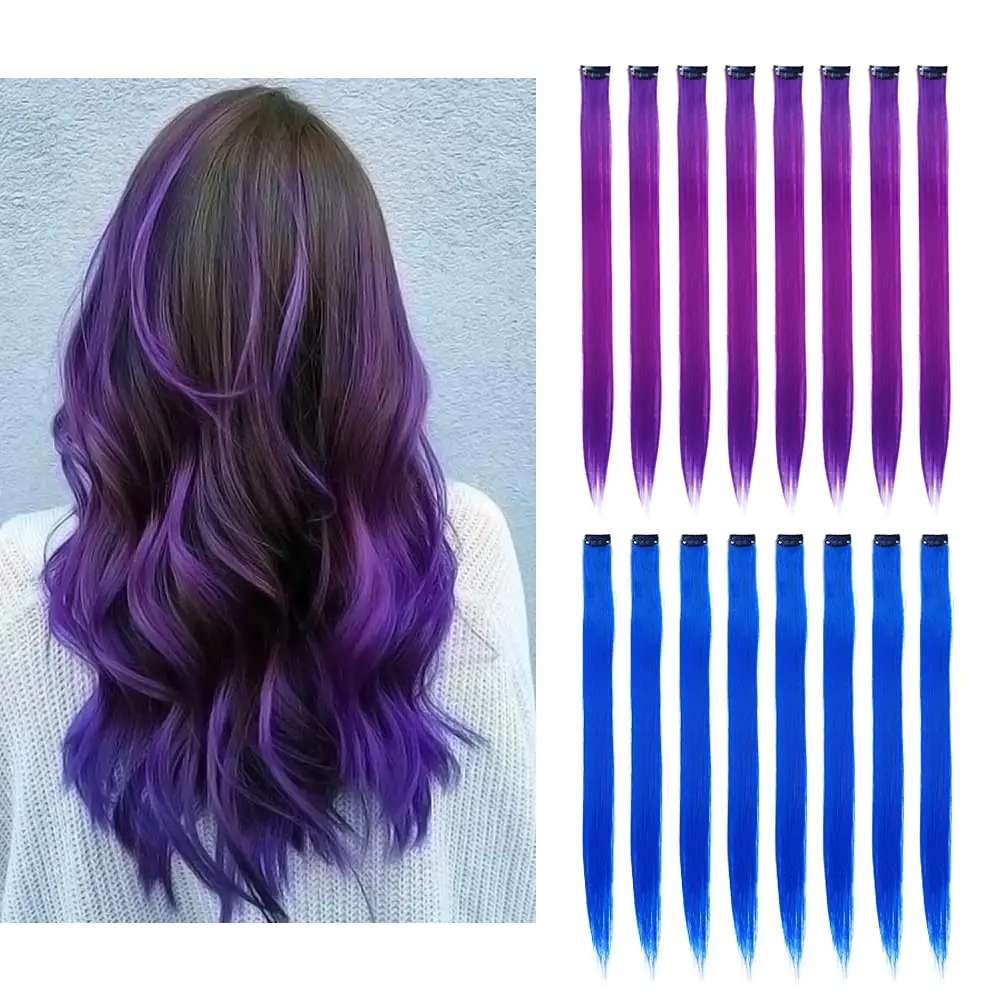 16 count Color Clip in Hair Extensions Purple Blue Multiple Color Hair 20inch Colorful Straight Fashion Clip on Hairpieces for Girls Women(Purple + Blue)