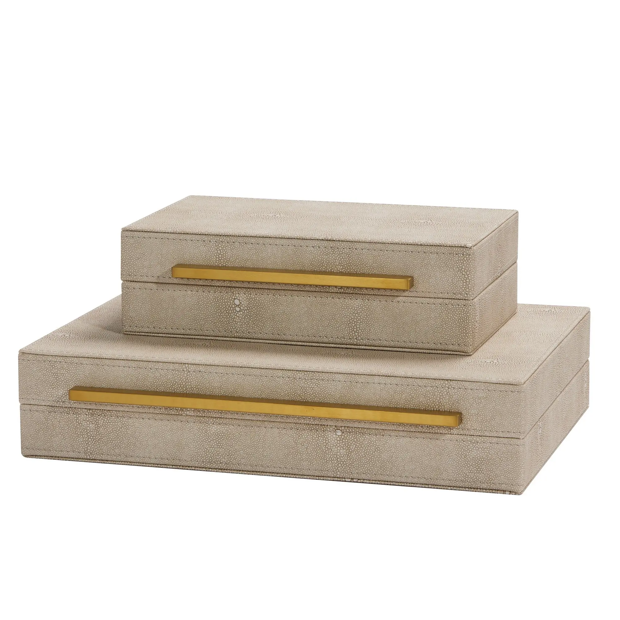 Faux Ivory shagreen leather pack of 2pcs decorative boxes, storage boxes, jewelry organizer, desk organizer with brushed Gold metal handle