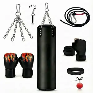 Premium Black PU Leather 47 Inch Hanging Punching Bag Set with Chain Hook Gloves Hand Wraps Speed Ball & 67 Inch Rope for Home Gym Boxing Training