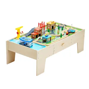 VEVOR Train Table, 62 Multicolor Pieces Wooden Kids Activity Table with Large Storage Drawer, 3-in-1 Wooden Train Set for Playing, Drawing, Reading, Eating, Creative Toy Set for Kids Ages 3+