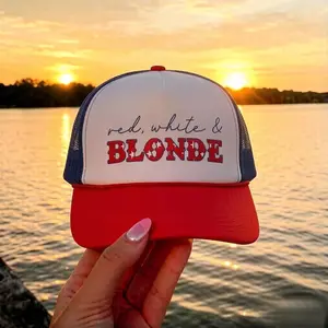 Women's Red, White & Blonde Stars Printed Foam Trucker Hat - Mesh Snapback Cap for 4th of July, Country Concert, Graduation Gift (Festive Party Hat Accessory)