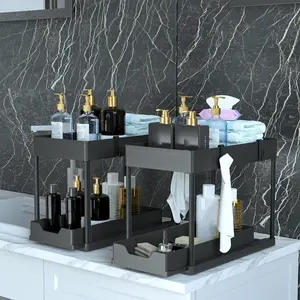 1pc Sleek Double-Layer Storage Rack with Drawers & Hooks - Minimalist Black Design for Kitchen, Bathroom & Bedroom Organization - Durable Plastic, Polished Finish, Bathroom Organizer|Sleek Modern Rack Compact Design Bathroom Organizing Accessories