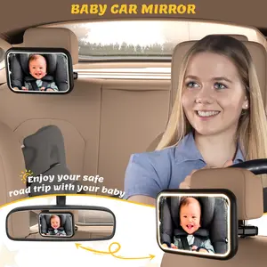 Baby Car Mirror with Light, 7 RGB Light Rear Facing Baby Car Seat Mirror with Remote Control Rechargeable 360° Rotation Hook Clip Design Wide View Shatterproof