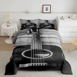 Feelyou Quilt Cover Set - Vintage Guitar on Wooden Floor Polyester Bedding with U-Stitching, Soft Breathable Duvet Cover & Blanket, Multi-Size Music Theme Bed Set for Kids, Travel-Ready Decor, Soft Breathable Blanket