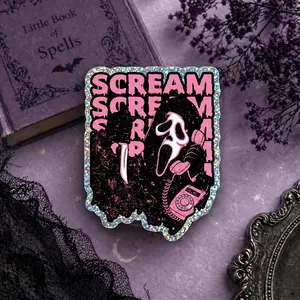 Spooky Mask Acrylic Phone Grip, Pink Horror Phone Holder With Retro Phone Detail, Gothic Phone Stand For Teens And Spooky Fans