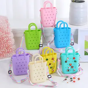 Women's Soft Silicone Open Crossbody Bag - Colorful DIY Hole Handbag with Durable Handle, Charms Collecting DIY Fashion Tote Purse for Travel & Beach