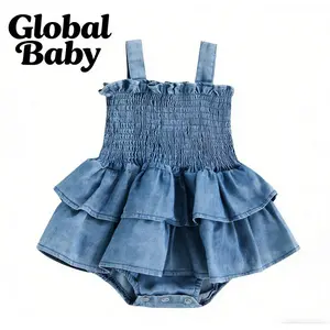 Global Baby Infant Girls Denim Romper Solid Color  Ruched Sleeveless Sling Bodysuits Summer Newborn Baby  Baby Girl Romper Sleeveless Suspender Pleated Design Ruffle Hem Bottom Snap