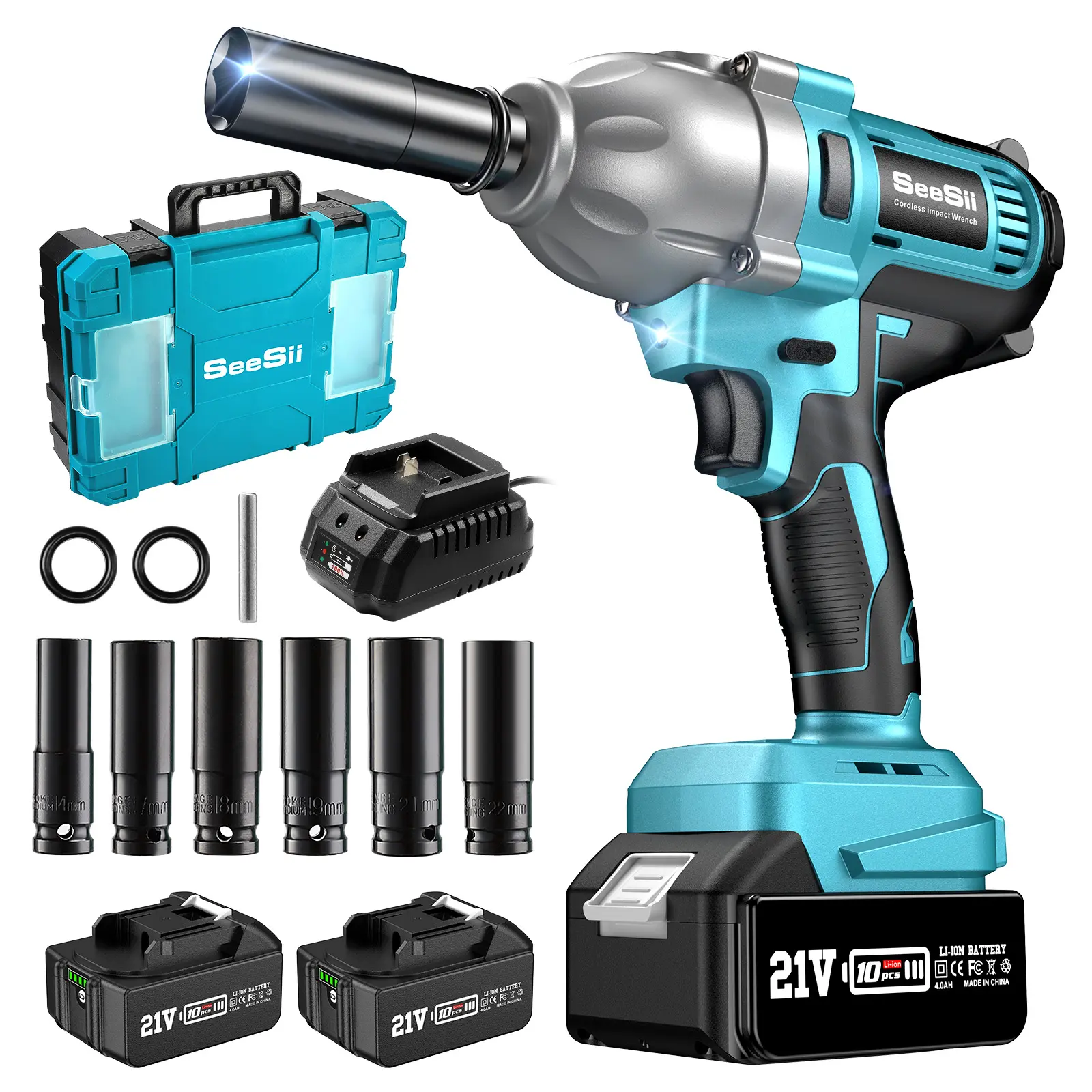 SEESII 1/2 Inch Cordless Impact Wrench High Torque, Electric Power Impact Wrench 3300 RPM High-Speed, 2X 4.0Ah Long-Lasting Batteries, 6 Premium Sockets - Ideal for Home DIY, Car & Truck Tire Changes, Mower Maintenance