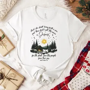 Nativity Scene T-Shirt – Religious Christmas Tee with Jesus' Birth Design | Perfect Christian Apparel Featuring Matthew 1:21 Scripture