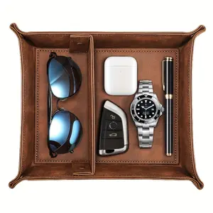 [Water-Resistant Valet Tray] Water-Resistant, Scratch-Proof Vintage-Style PU Leather Valet Tray Organizer with Snap Corners & Dual Compartments  Desktop Storage for Jewelry, Accessories, Keys, and Wallet  Perfect Gift for Men & Women Boxes Brown