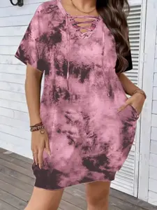 Spring Summer Women's Plus Size Tie Dye Ombre Pocket Dress, Casual Boho Sundress, Casual Short Sleeve Drawstring Neckline, Comfortable Loose Fit Fashion, Casual Dresses
