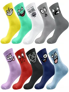 10 Pairs Random Emoji Pattern Socks, Funny Cartoon Mid-Calf Socks, Perfect for Outdoor Activities & Daily Wear, Fun & Comfortable Footwear