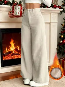 Women's Plain Pocket Decor Button Front Wide Leg Pants, Street Style Ribbed Straight Fit Jeans, Loose Casual Fashion for All Seasons, Knitted, Womenswear, Bottoms