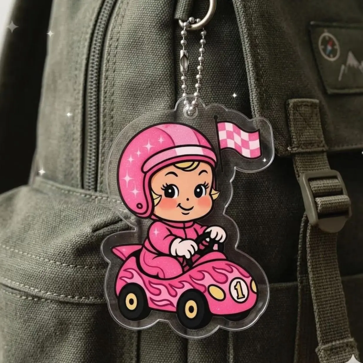 Pink Racing Kewpie Acrylic Keychain, Retro Biker Bag Charm, Coquette Keyring