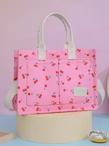 Women's Cherry Pattern Tote Bag, Large Capacity Multi-pockets Shoulder Crossbody Bag for Women, Casual Trendy Versatile High-quality Daily Commuting Bag