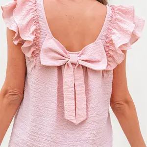 Women's Gossamer Pink/Beige Textured Cute Bow Knot Frilled Butterfly Sleeve Fashion Top