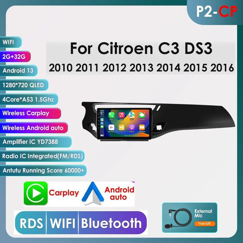 Hizpo 2 Din Touchscreen Car Radio Multimedia Player with Android 14, CarPlay, Backlit LED Screen, GPS Navigation, RDS, Bluetooth, Rear View Camera Input, 8-Pin Connector for Citroen C3, C3-XR, DS3 (2010-2016)