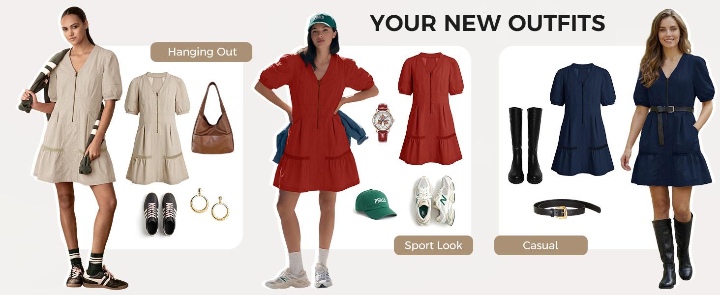 Fisoew Women Coral Mesh Cutout Puff Sleeve Mini Dress V Neck Zip Front Relaxed Fit Casual Summer Dress Breathable Lightweight Dress