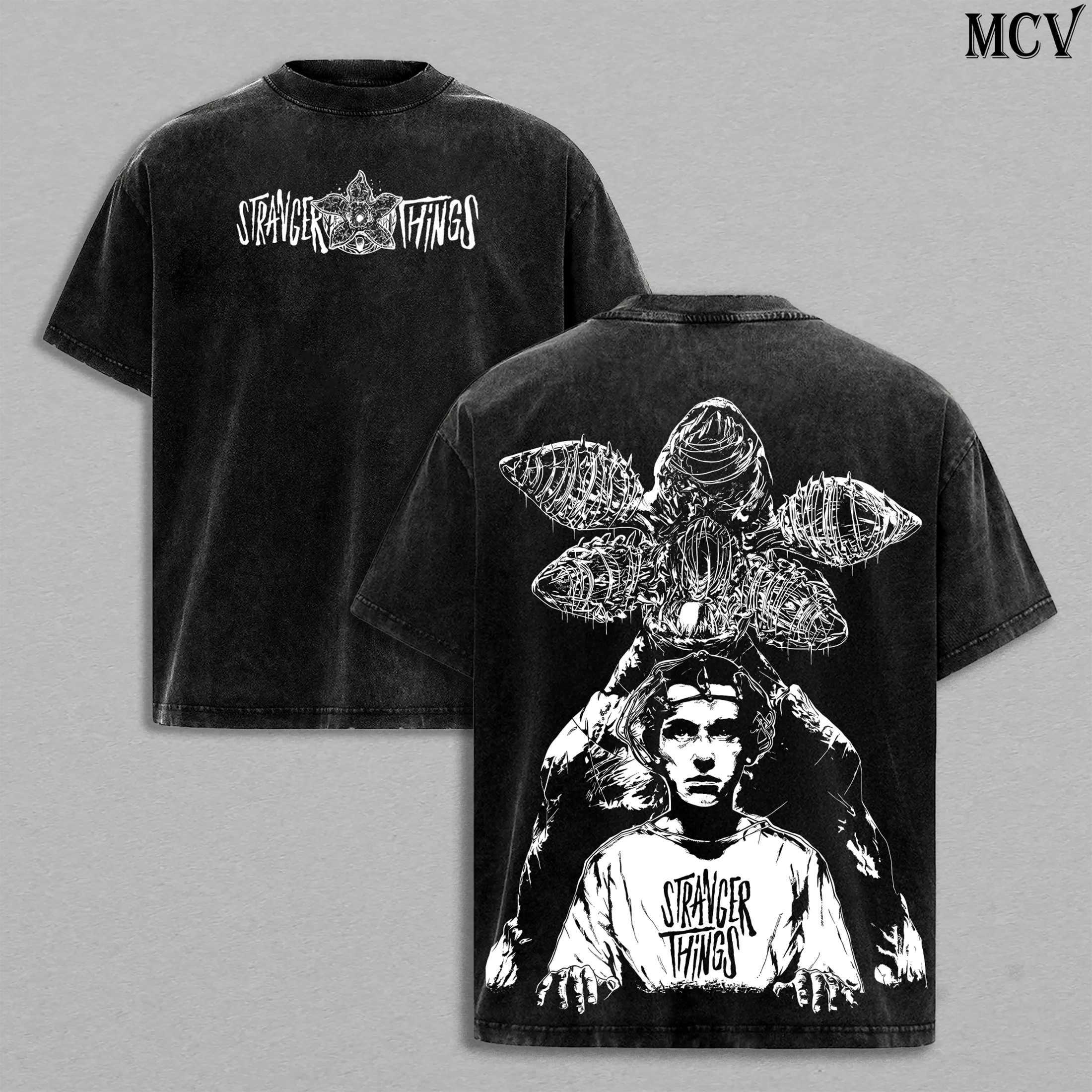 Eleven Stranger Things Season 5 Tee – Demogorgon Vintage Washed Oversized Heavy Cotton Double Printed Front & Back 80s Horror Sci-Fi T-Shirt, Netflix Final Season Upside Down Graphic Top, Unisex Retro Streetwear Fan Merch