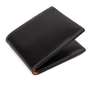 PEGAI Malcolm Wallet Veg-Tan Black Full-Grain Vegetable-Tanned Leather with Six Card Slots & Ibiza Orange Lining