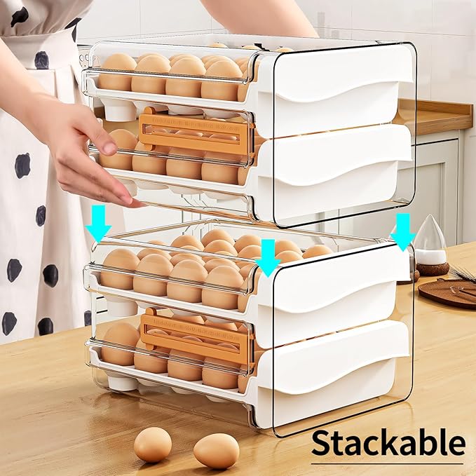 Egg Holder for Fridge 60 Count Large Capactity Egg Storage Container for Refrigerator, Clear Stackable Egg Organizer for Fridge, Coutertop Egg Trays Pull Out Drawer