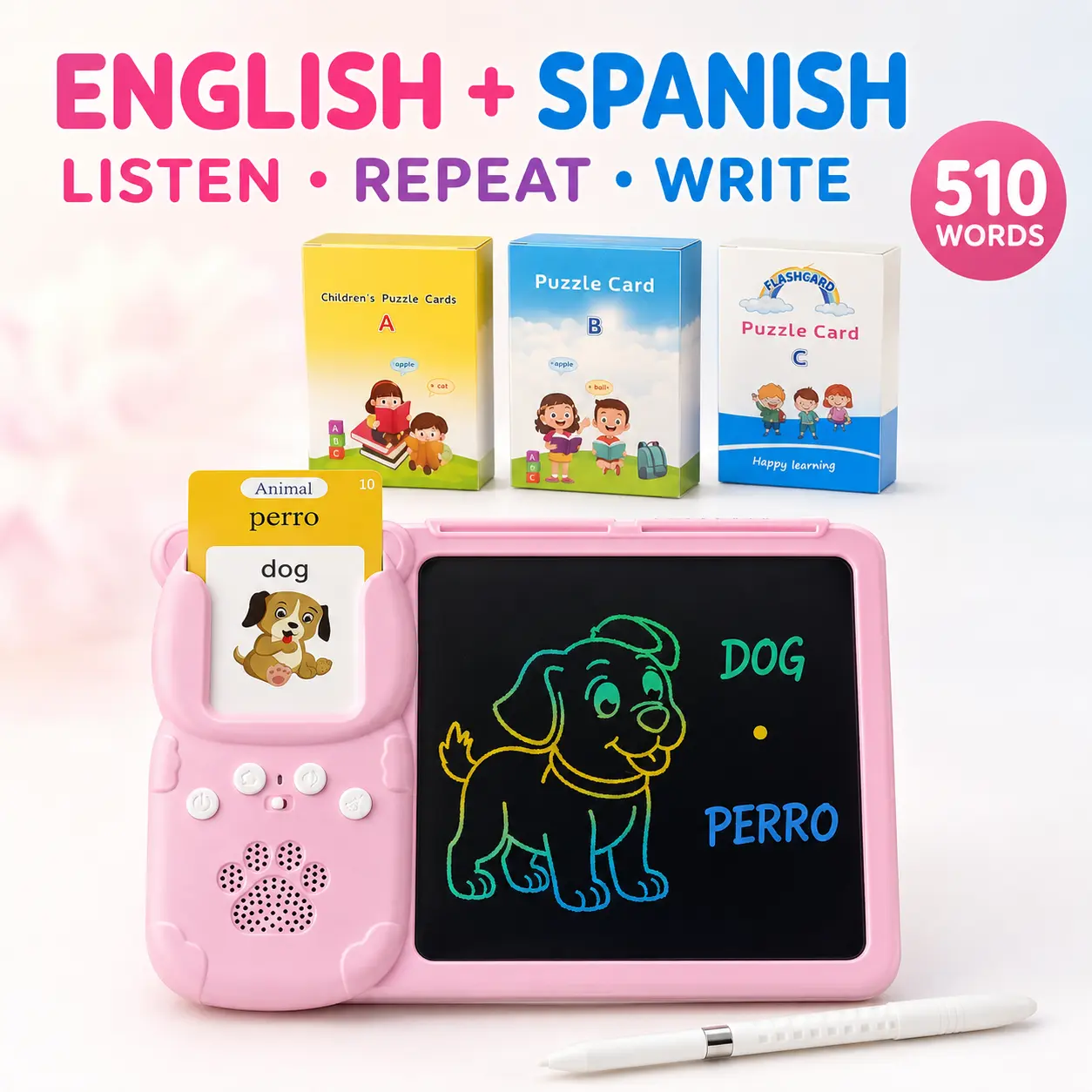 KIDGENIUS Portable Digital Word Learning Machine - Bilingual Talking Flash Cards, LCD Toddler Drawing Pad, 510 English-Spanish Words, Plastic, Sound FX, Rechargeable Educational Toy for 2-8 Years, Car Rides Holiday Gift