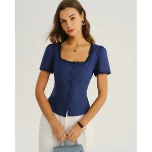 Rihoas Women's Basic Elegant Navy Square Neck Short-Sleeve Hip-Length Linen-Cotton Button Blouse, Lace-Accented Shirt for Womenswear