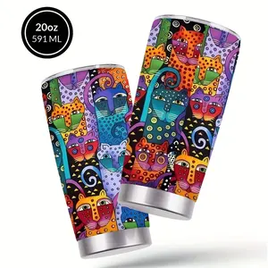 Abstract Cat Graphic Coffee Cup, 20oz Stainless Steel Insulated Tumbler with Lid And Straw, Double Travel Mug, Water Bottle, Ideal Beverage Container for For Home, Office, Travel, Gym, Camping, Perfect Cat Lover Gift for Mother's Day, Valentine's Day