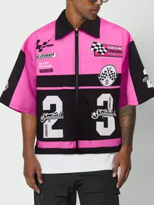 1pc Men's Racing Shirt Oversized Streetwear Moto-Core Pink Colorblock Zip Up Shirt Retro Checkered Graphic Boxy Fit Short Sleeve Jacket Urban Top
