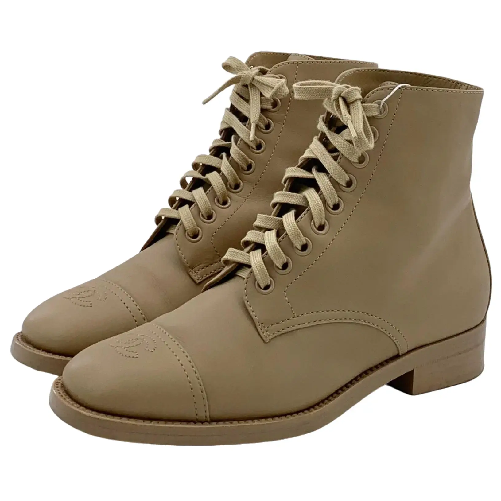 RDLT-Chanel Size 36.5 Brown Lace-up Flat Ankle Boots with CC Logo-X35847