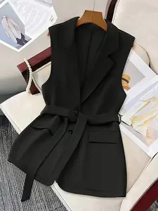 Women's Pure Color Lapel Detail Waistcoat Vest Belt, Stylish Ladies' Outerwear, Versatile Fashion Accessory for Everyday Wear