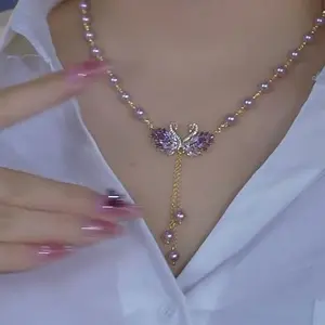 Luxury Purple Swan Necklace, Chic Minimalist Elegant Pendant, Fashion Statement Jewelry, Perfect Accessory for Cheongsam Dress Crystal Sparkling DZXL3477 Collarbone Chain SpringStatements