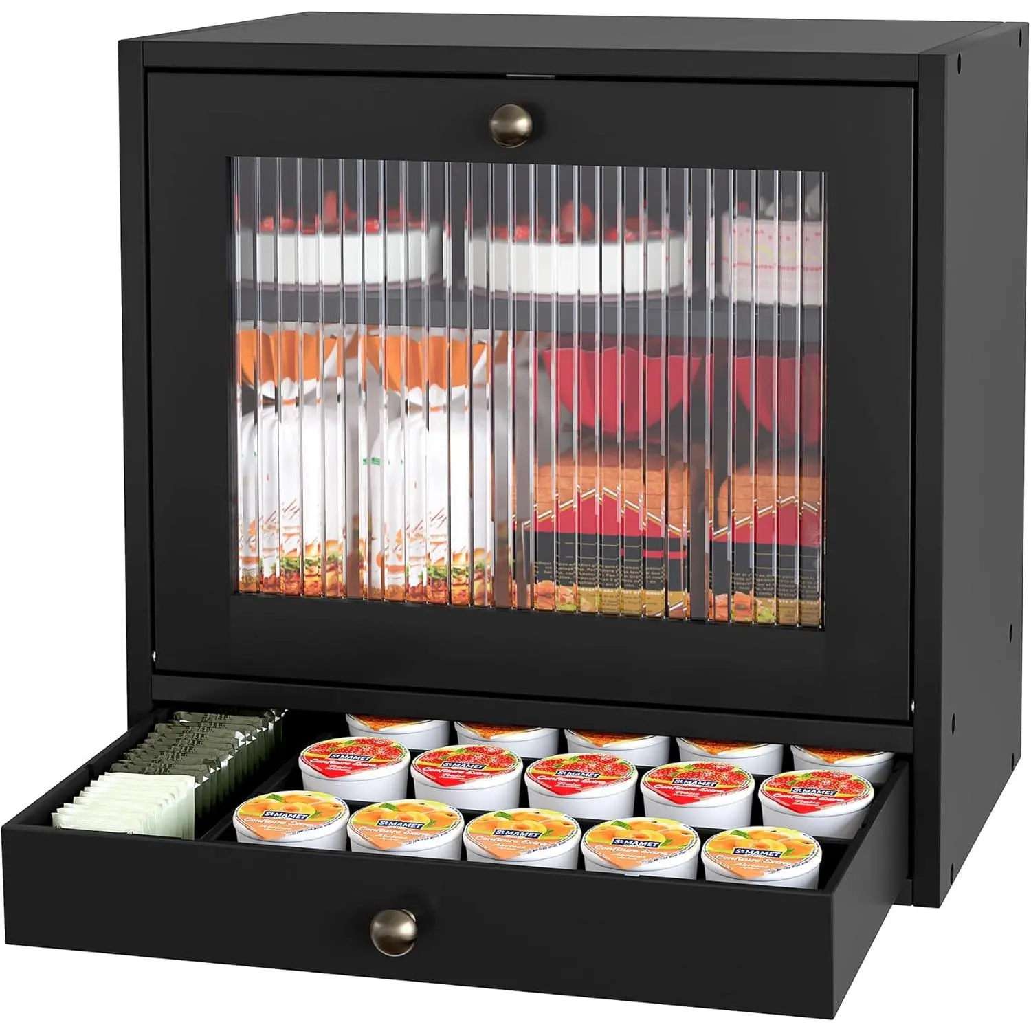 Wooden Bread Box for Kitchen Countertop - Solid  Adjustable Shelves & Drawer Farmhouse Style,  Window Bread Storage Container, Black