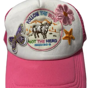 Trucker Hat with Inspirational Patch "Follow the World Not the Herd" Isaiah 8:11-13 Pink and White Adjustable Cap