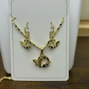 Butterfly Earrings & Necklace Set Gold Laminated with Black Beads and Delicate Design