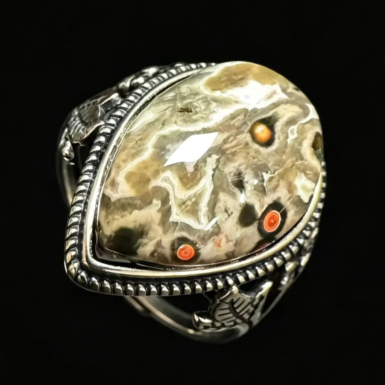 Vintage Leaf Design Ocean Jasper 925 Silver Adjustable Ring