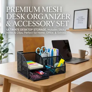 2-Piece Mesh Desk Organizer Set with Sticky Note Holder - Office Supplies Storage Caddy & Accessory Basket for Home Office, School and Workspace
