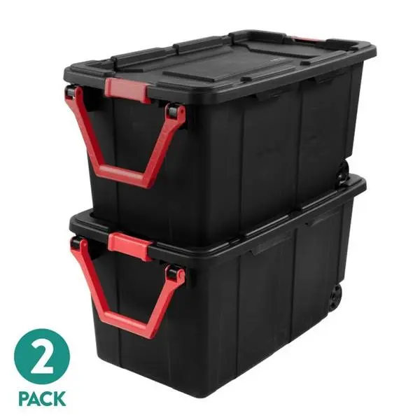 Sterilite 40 Gal Extra Large Rectangle Storage Bins with Wheels - Durable Plastic Storage Organizer Boxes, Handle-Equipped Industrial Organiser, Pack of 2, Black