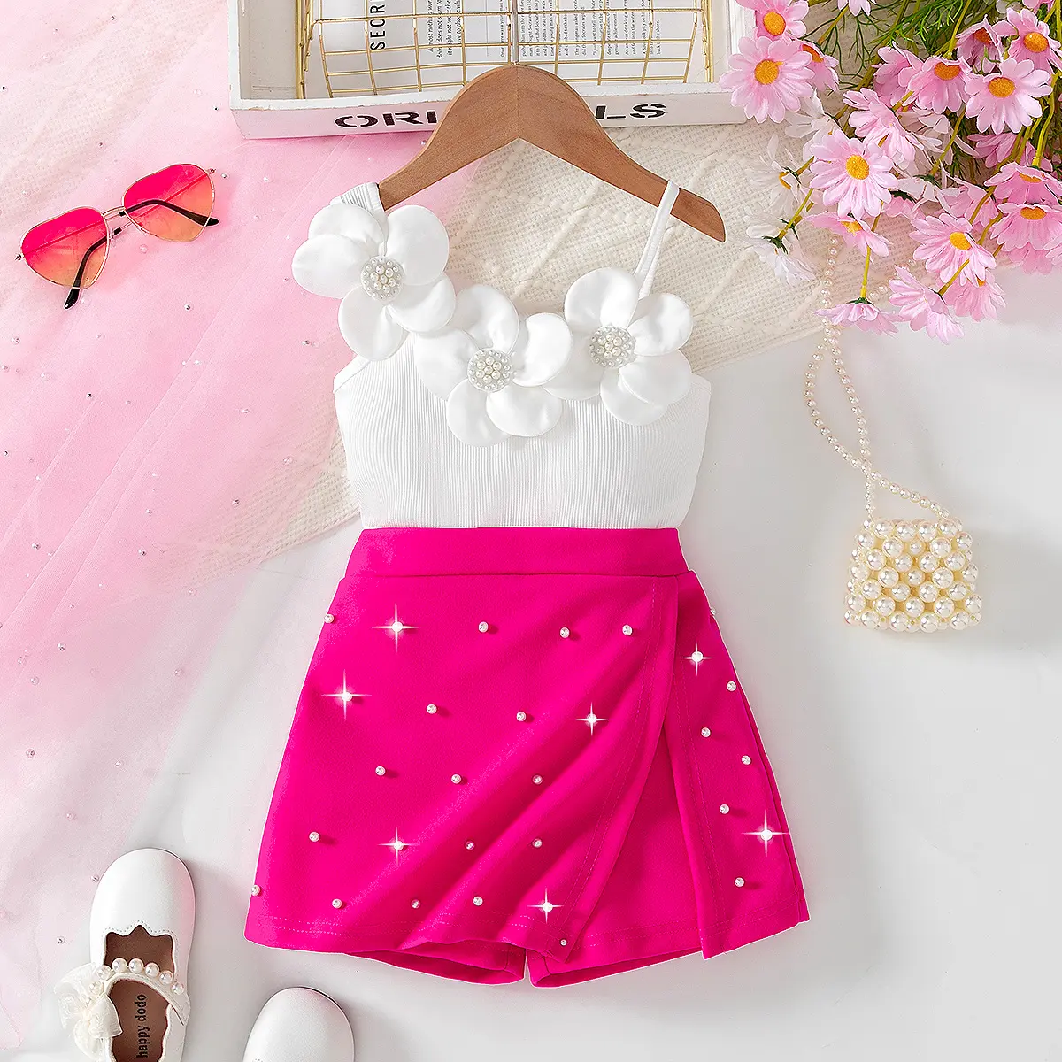 2PC Toddler Girls Summer Outfit Sets Ages 4-7  Trendy Hot Pink Butterfly Floral Ruffle Top & Shorts  Chic 3D Pearl Flower Cami & Skirt Perfect for Summer Vacations, Birthday Parties & Daily Fashion  Soft Breathable Boutique Style