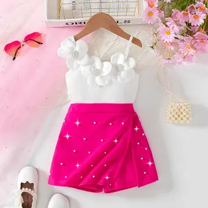 2PC Toddler Girls Summer Outfit Sets Ages 4-7  Trendy Hot Pink Butterfly Floral Ruffle Top & Shorts  Chic 3D Pearl Flower Cami & Skirt Perfect for Summer Vacations, Birthday Parties & Daily Fashion  Soft Breathable Boutique Style
