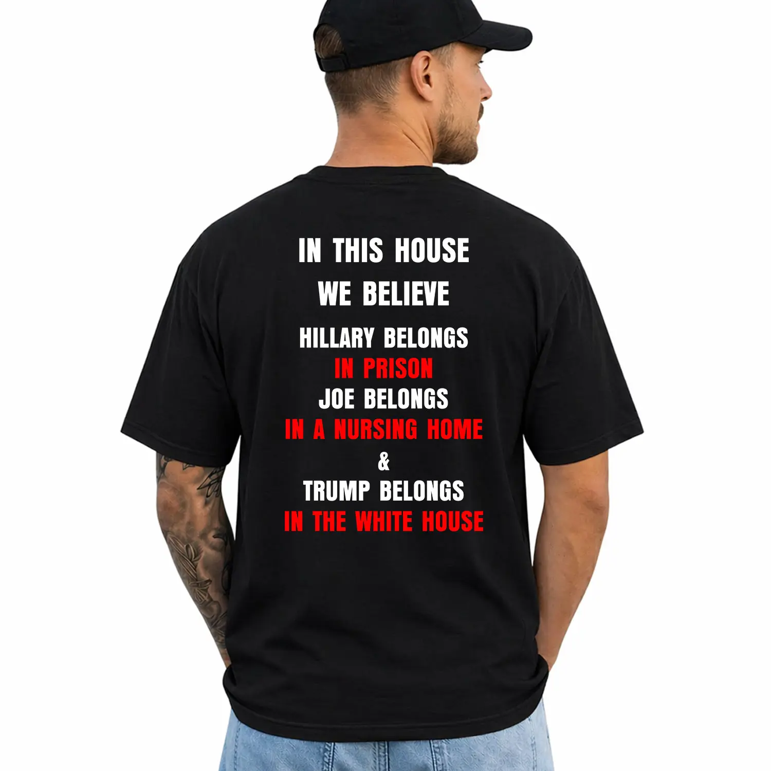 In This House We Believe Hillary Belongs In Prison shirt, Short Sleeve Printed Graphic Shirt, Daily Casual Cotton Menswear