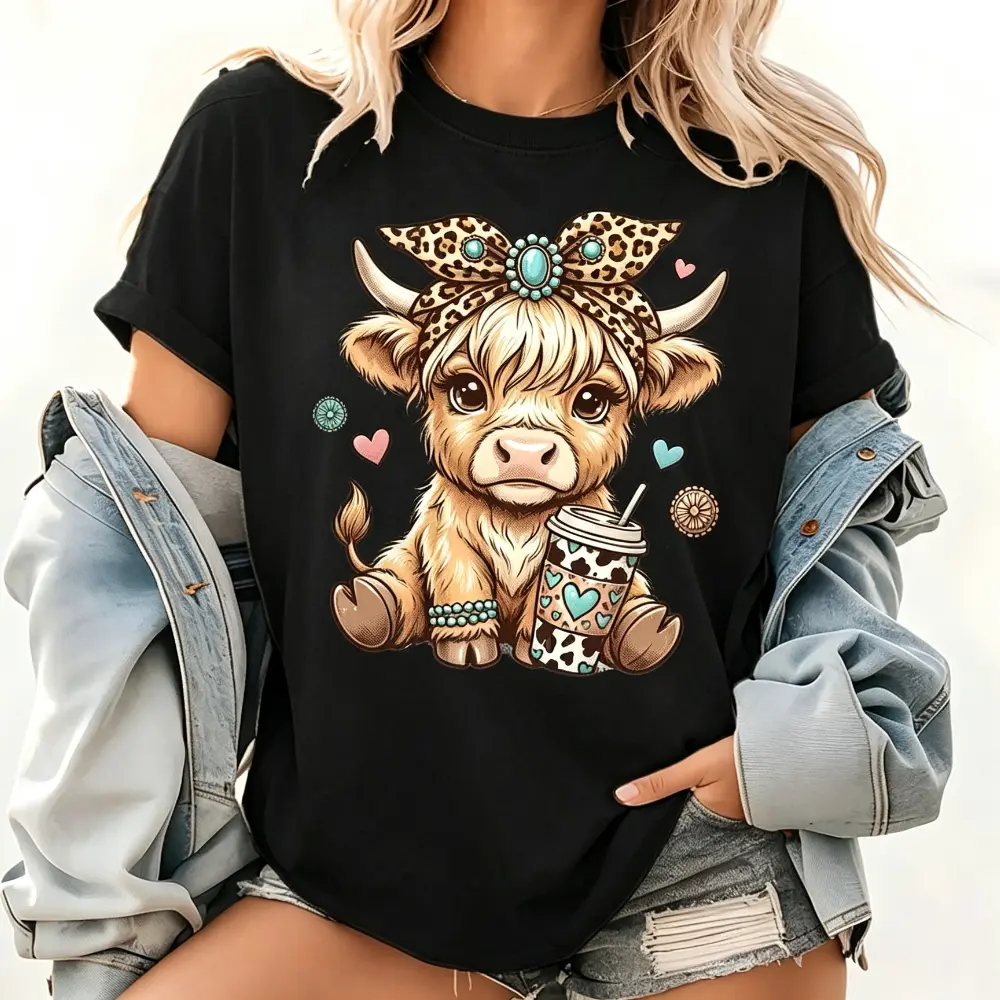 Highland Cow Shirt, Leopard Bow Coffee Graphic Tee, Cute Farm Animal Country T-Shirt