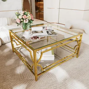 Gold Square Coffee Table for Living Room Modern Couch Table with Clear Glass Top and Golden Metal Base 33.5 Inch Tea Table for Home Office Easy Assembly and Clean