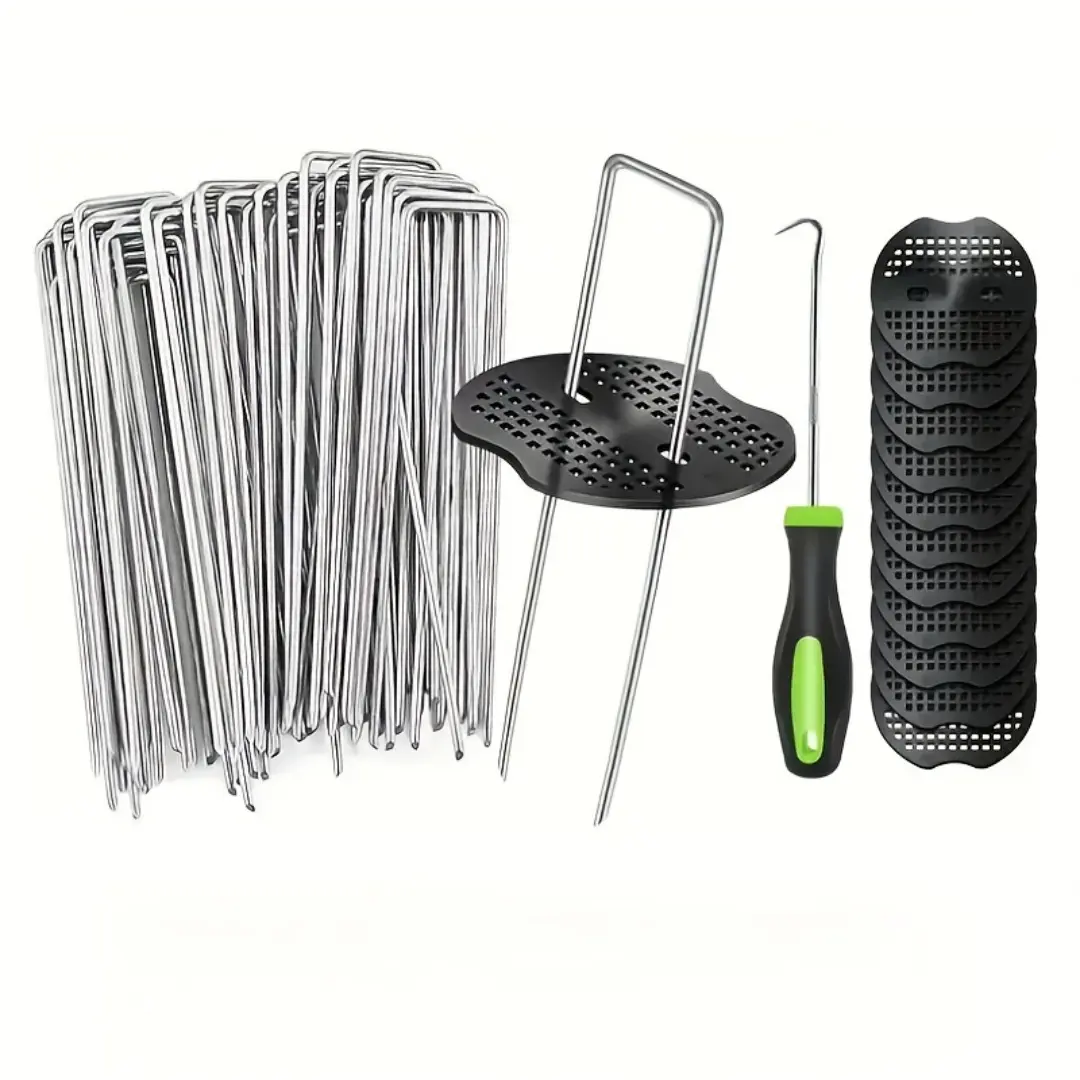 101-Piece Garden Stake Set (50 U-Shaped Stakes + 50 Pads) + 1 Hook, Zinc-Plated Lawn Barrier Pins, Gardening Fabric Nails, Garden Plant Stakes, Garden Supplies